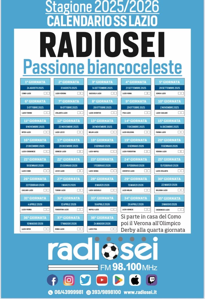 Lazio, il calendario di Radiosei della Serie A 2025-26: scaricalo e vivila con noi!